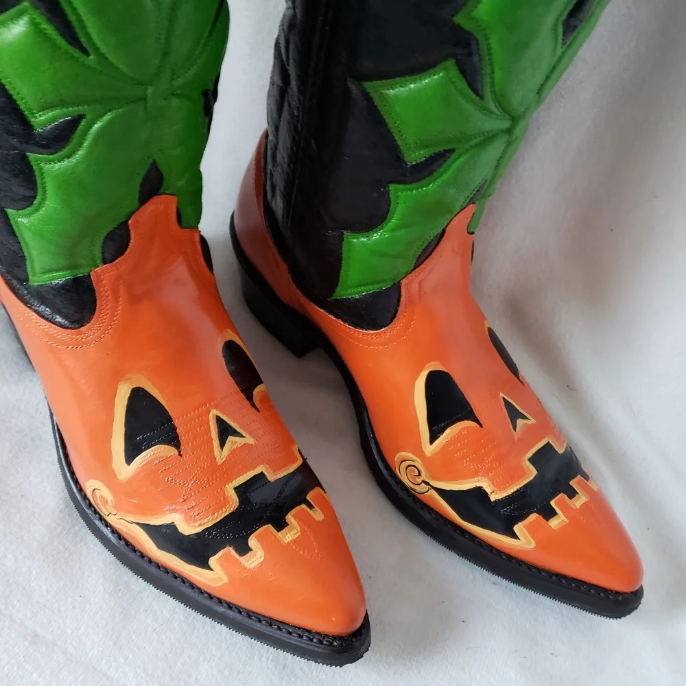 ❌SOLD❌Custom Jackolantern Vintage ACME Western Boots Pumpkin Cowboy Boots - Picture 9 of 14